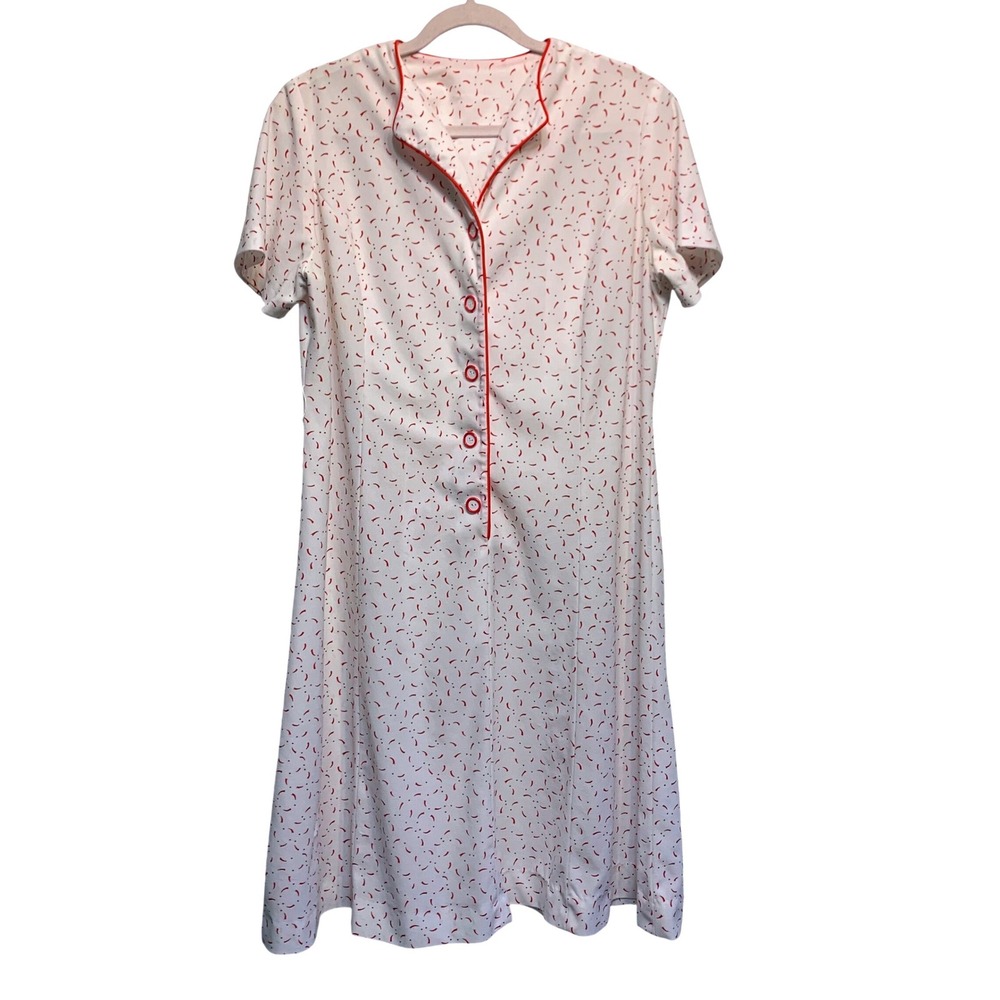 British Lady Vintage ILGWU House Dress 20.5 White Red Abstract Button Front Midi